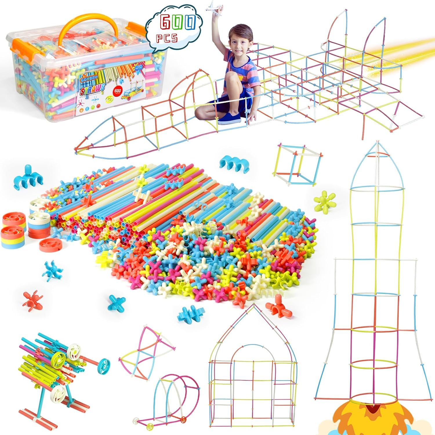 Straw Constructor Toys STEM Building 600Pcs Toy Interlocking Plastic Engineering Thin Tube Blocks Educational Kit for 3 4 5 6 7Years Kids Boys and Girls Gift